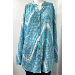 Erin London Aqua White Lightweight Burnout Button Down Top Boho Trippy‎ Sz Large